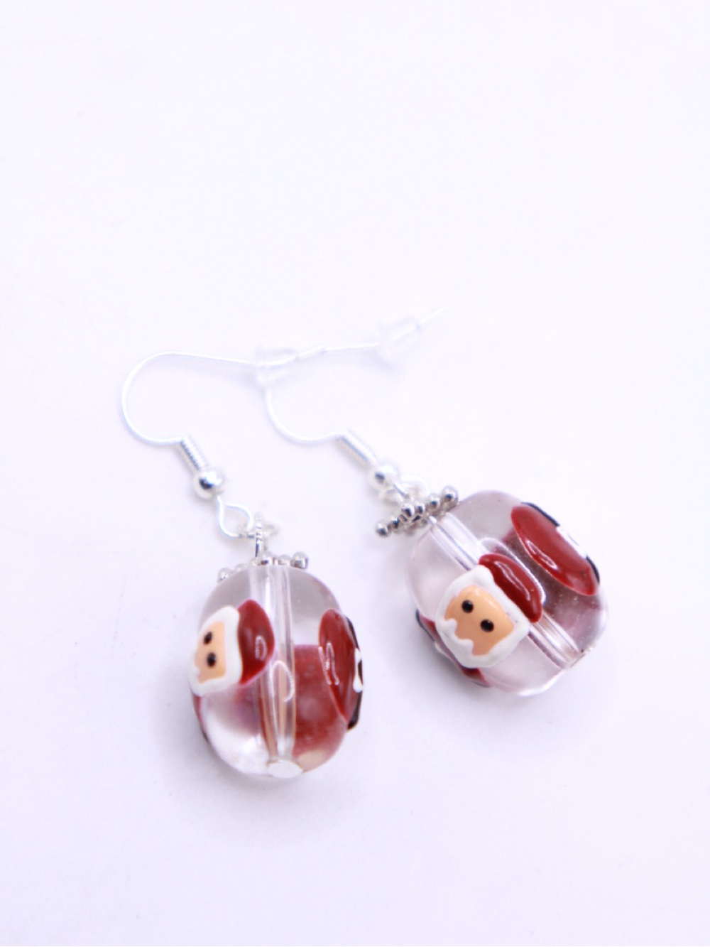 Holiday Santa Glass Bead Dangle Earrings - Red and White